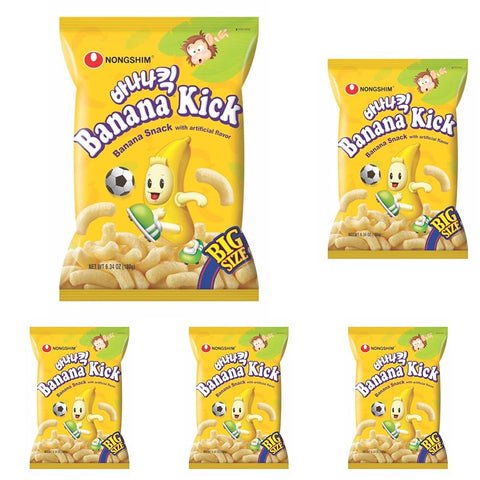 Nongshim Banana Kick Big Bag, Sweet and Crunchy Banana Flavored Corn Puff Snack, 6.34 oz (Pack of 5)