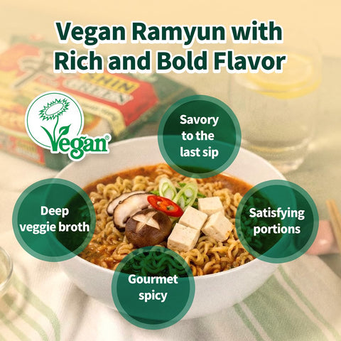 Nongshim Shin Ramyun Green Noodles, Vegan Spicy Korean Instant Ramyun, Mushroom & Fried Tofu Flavor, Bold Veggie Flavored Broth, Quick & Easy, Pantry Essential, Microwaveable, 4.4 oz (Pack of 4)