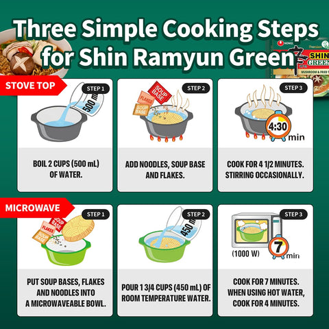 Nongshim Shin Ramyun Green Noodles, Vegan Spicy Korean Instant Ramyun, Mushroom & Fried Tofu Flavor, Bold Veggie Flavored Broth, Quick & Easy, Pantry Essential, Microwaveable, 4.4 oz (Pack of 4)