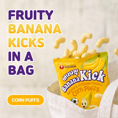Nongshim Banana Kick Puff Snack - Crispy Corn Puff with Banana Flavor, Soft and Sweet Fruit Snack for All Ages, K-Pop Favorite Korean Treat, 1.58 oz (Pack of 20)