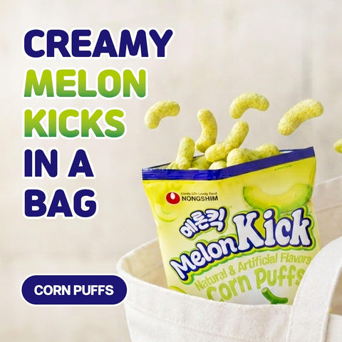 Nongshim Melon Kick Puff Snack - Sweet and Crispy Corn Puff with Creamy Melon Flavor - Crunchy and Smooth Fruit Puff, Light Korean Snack, 1.58 oz (Pack of 20)