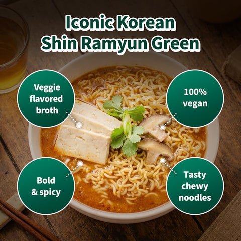 Nongshim Shin Ramyun Green Noodles, Vegan Spicy Korean Instant Ramyun, Mushroom & Fried Tofu Flavor, Bold Veggie Flavored Broth, Quick & Easy, Pantry Essential, Microwaveable, 4.4 oz (Pack of 4)