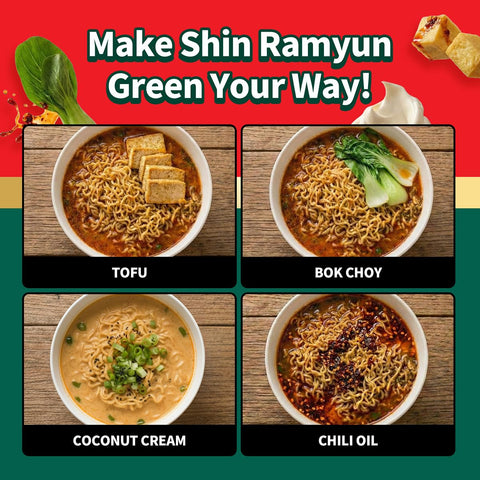 Nongshim Shin Ramyun Green Noodles, Vegan Spicy Korean Instant Ramyun, Mushroom & Fried Tofu Flavor, Bold Veggie Flavored Broth, Quick & Easy, Pantry Essential, Microwaveable, 4.4 oz (Pack of 4)