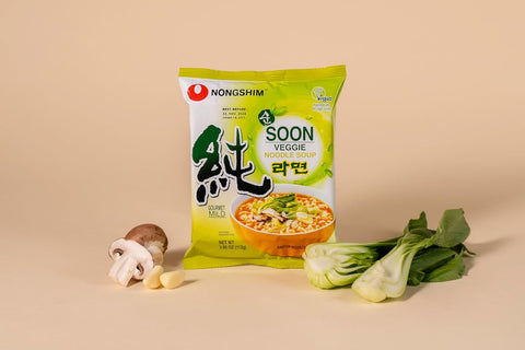 Nongshim Gourmet Soon Veggie Ramyun Vegan 4 pack, Mild Spicy, Dried Vegetable Flakes, Ramyun Noodles with Soup Mix