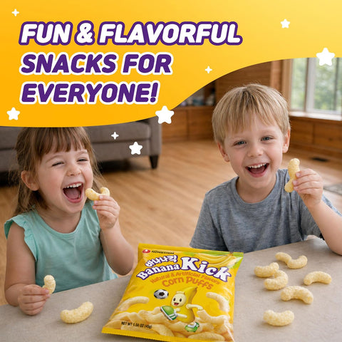 Nongshim Banana Kick Puff Snack - Crispy Corn Puff with Banana Flavor, Soft and Sweet Fruit Snack for All Ages, K-Pop Favorite Korean Treat, 1.58 oz (Pack of 20)