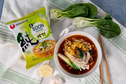 Nongshim Gourmet Soon Veggie Ramyun Vegan 4 pack, Mild Spicy, Dried Vegetable Flakes, Ramyun Noodles with Soup Mix
