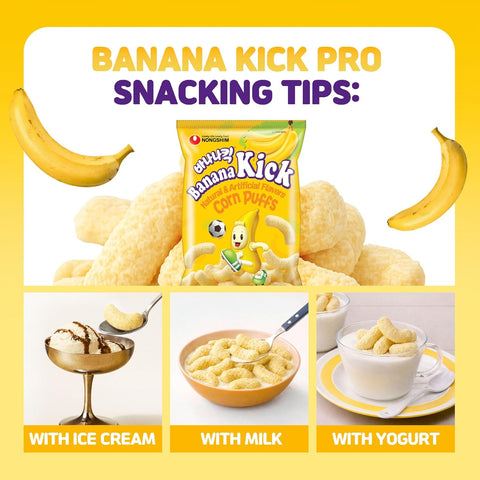 Nongshim Banana Kick Puff Snack - Crispy Corn Puff with Banana Flavor, Soft and Sweet Fruit Snack for All Ages, K-Pop Favorite Korean Treat, 1.58 oz (Pack of 20)