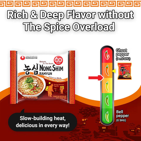 Nongshim Ramyun Noodles, Rich Spicy Vegetable Broth, Korean Classic Recipe, Deeply Simmered, Quick & Easy, Pantry Staples, 4.37 oz (Pack of 4) | Korean Instant Ramen, Vegetable Broth, Quick & Easy Meal