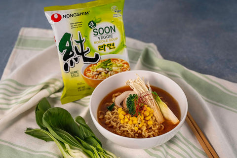 Nongshim Gourmet Soon Veggie Ramyun Vegan 4 pack, Mild Spicy, Dried Vegetable Flakes, Ramyun Noodles with Soup Mix