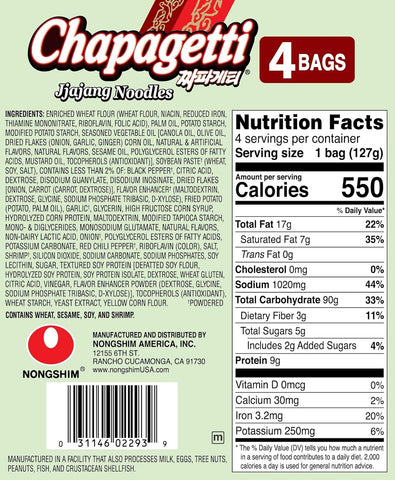 Nongshim Ramen Noodles, Gourmet Instant Ramen, Premium Microwavable Noodle, Chapagetti, 4.5 Ounce (Pack of 4)