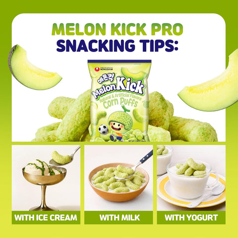 Nongshim Melon Kick Puff Snack - Sweet and Crispy Corn Puff with Creamy Melon Flavor - Crunchy and Smooth Fruit Puff, Light Korean Snack, 1.58 oz (Pack of 20)